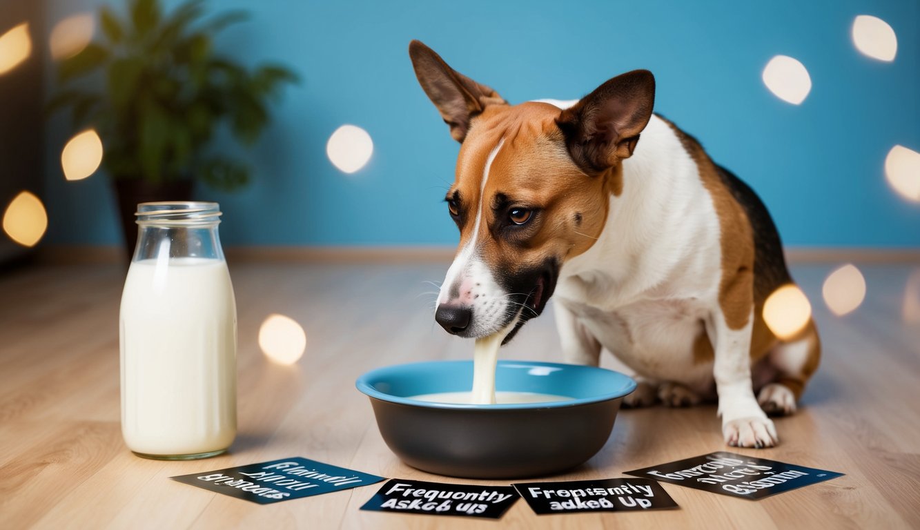 A dog lapping up milk from a bowl surrounded by frequently asked questions