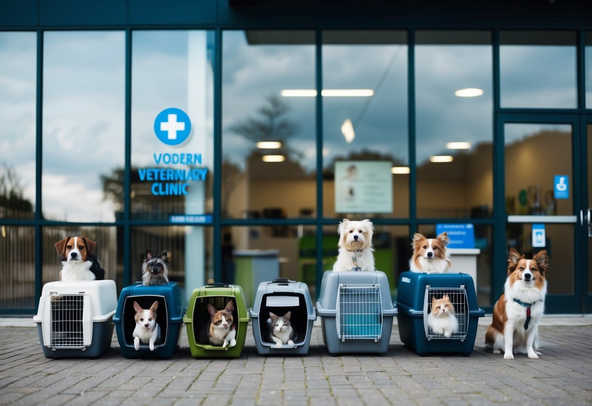 A group of animals waiting outside a modern veterinary clinic in Sheffield, with a mix of dogs, cats, and small pets in carriers
