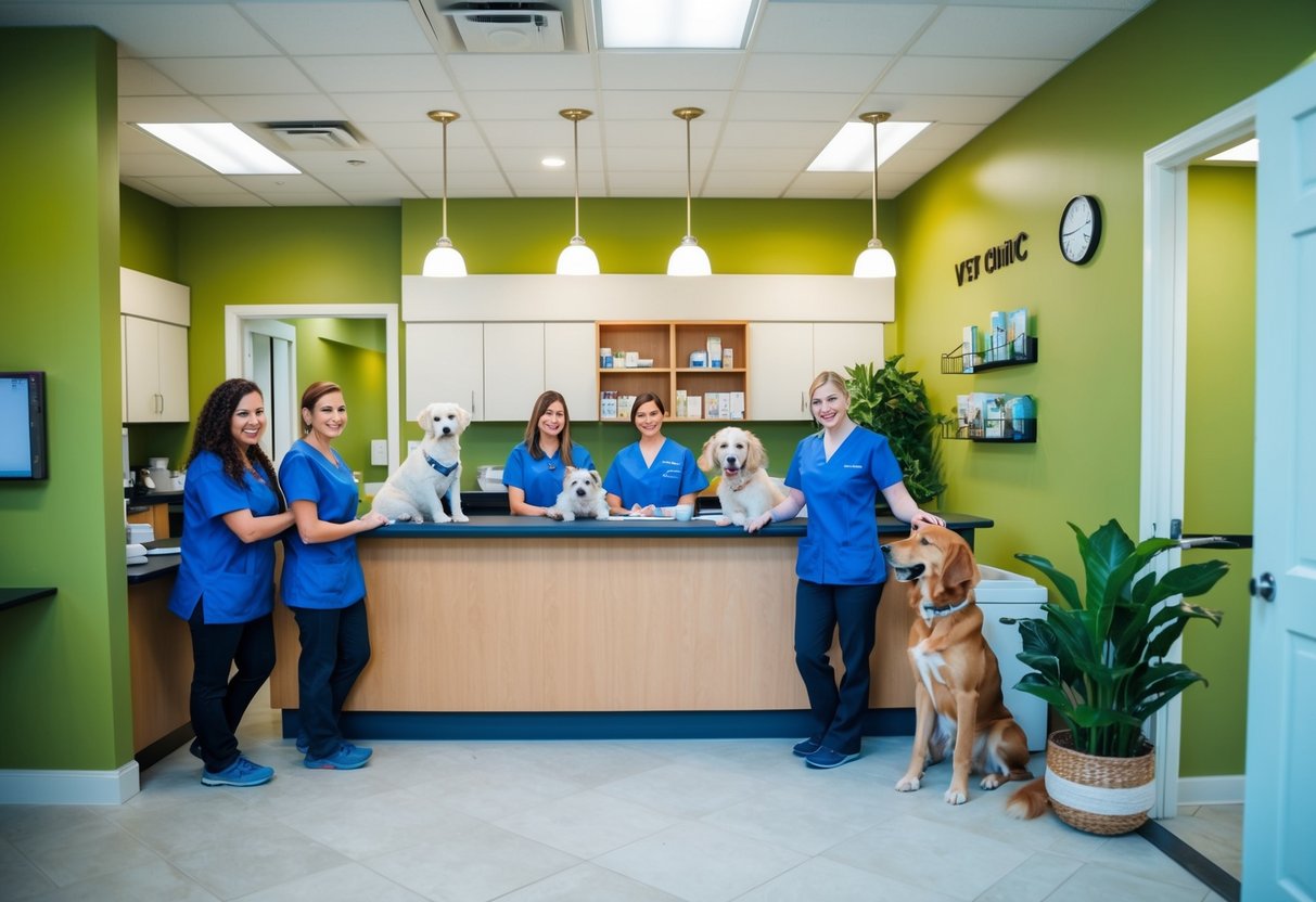 A welcoming vet clinic with a friendly reception area, exam rooms, and a caring staff assisting animals and their owners
