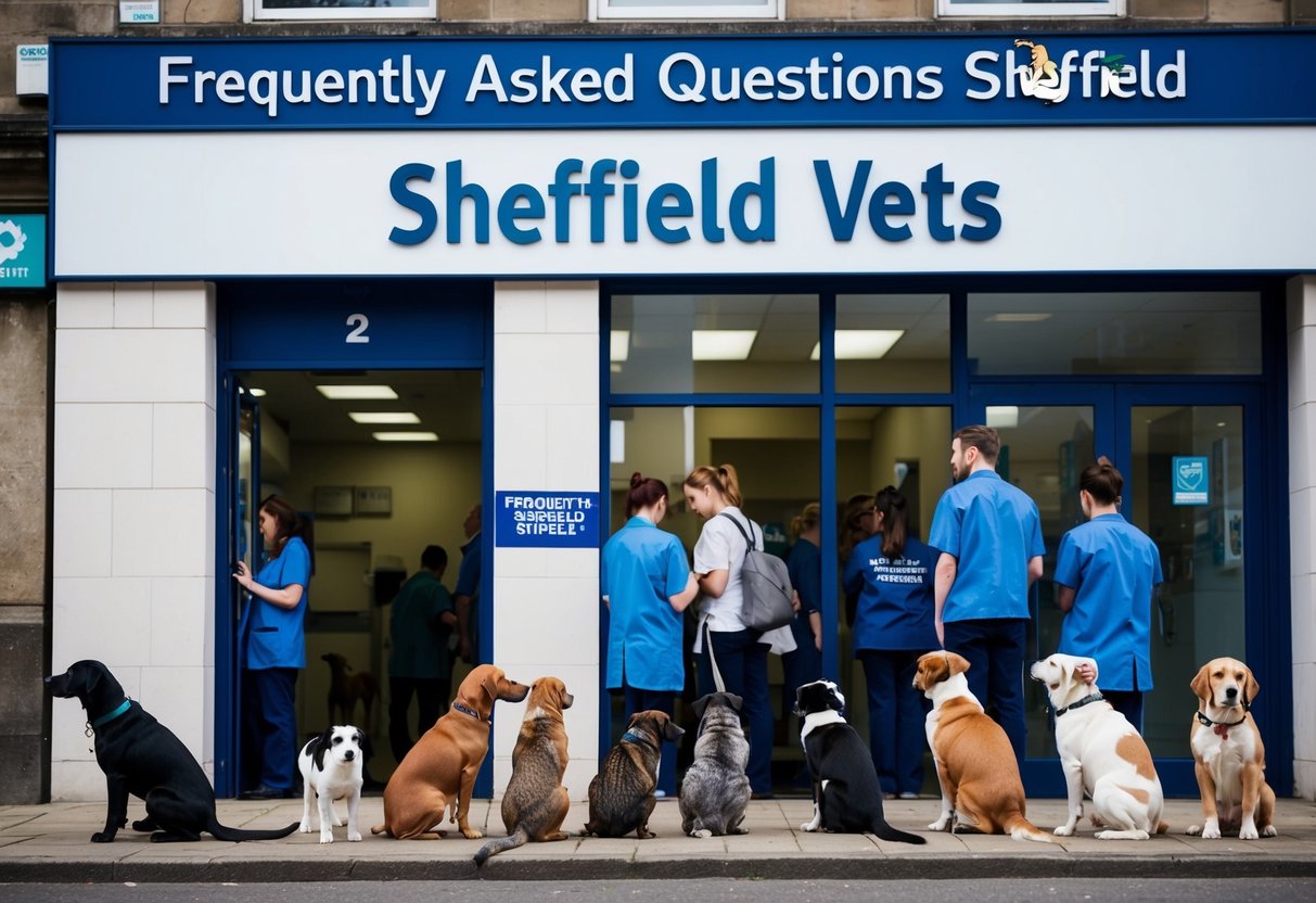 A group of animals waiting in line outside a veterinary clinic in Sheffield, with a sign displaying "Frequently Asked Questions Sheffield Vets" above the entrance