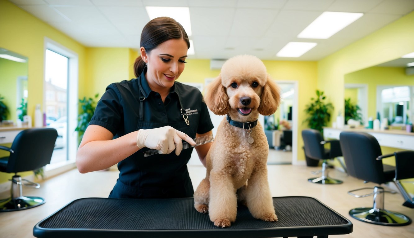 A dog groomer carefully trims a fluffy poodle's fur in a bright and spacious grooming salon in Sheffield