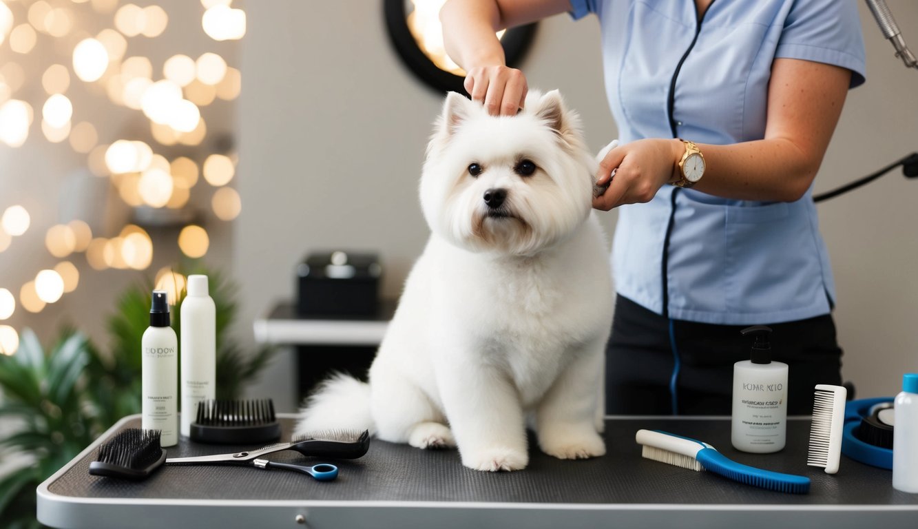 A fluffy white dog sits calmly on a grooming table, surrounded by professional grooming tools and products. A skilled groomer carefully trims and brushes the dog's fur, creating a clean and well-groomed appearance