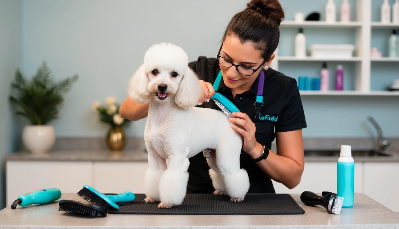 A dog groomer in Sheffield carefully trims and brushes a fluffy white poodle, surrounded by grooming tools and a calming, clean environment