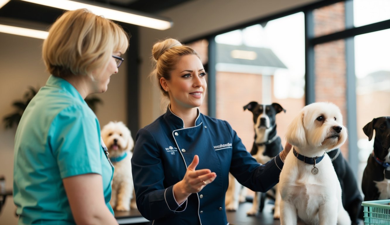 A dog groomer in Sheffield answering questions with dogs waiting in the background