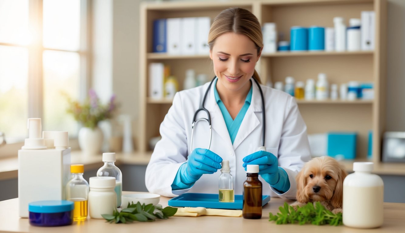 A homeopathic vet carefully prepares natural remedies for a variety of animals in a cozy clinic setting