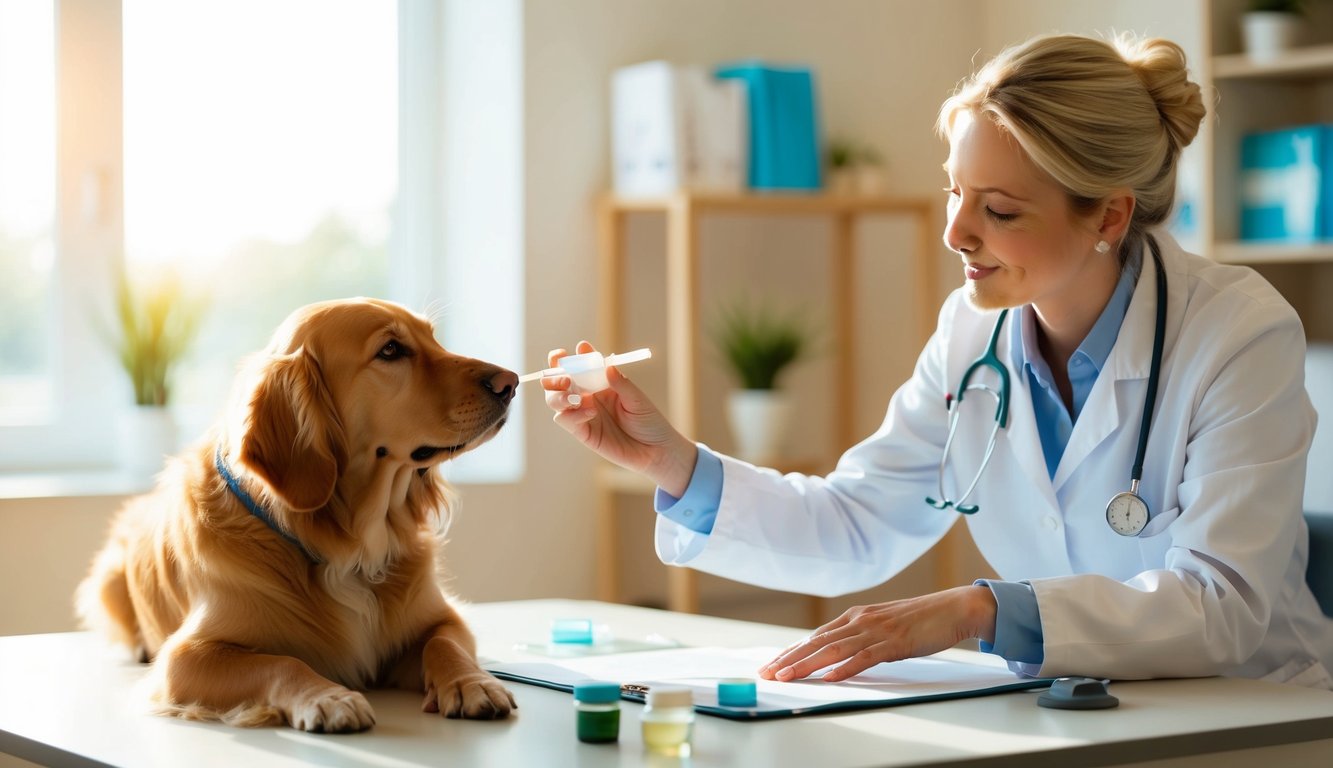A homeopathic vet carefully selects and administers natural remedies to a relaxed animal patient in a peaceful, sunlit consultation room