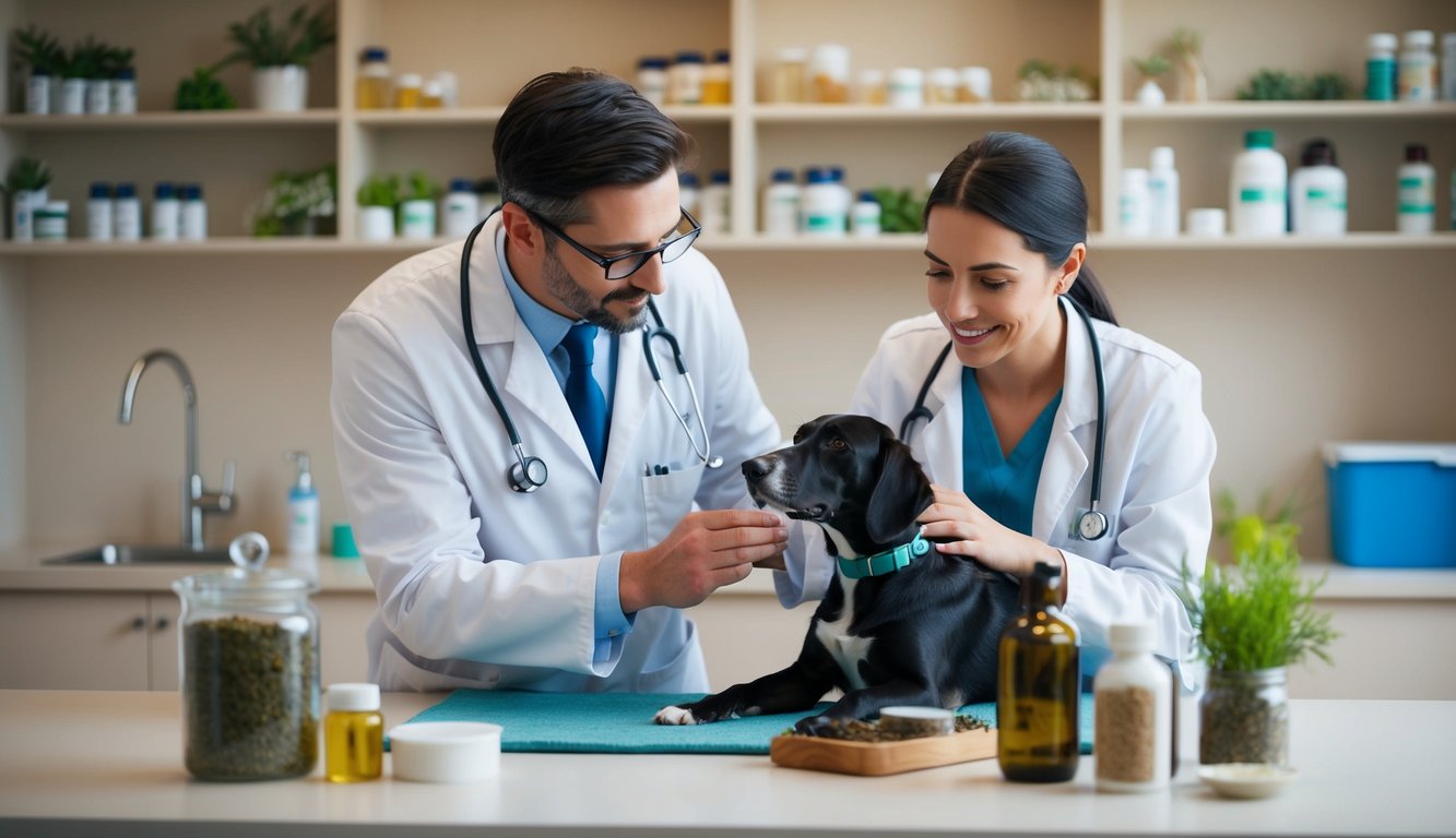 A homeopathic vet examines a patient, surrounded by natural remedies and herbs in a peaceful, holistic clinic