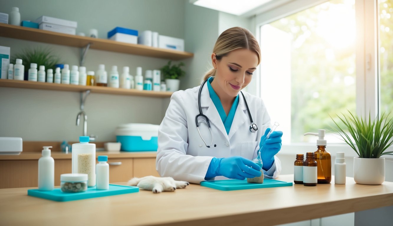A homeopathic vet carefully selects and prepares natural remedies for animals in a tranquil, sunlit clinic
