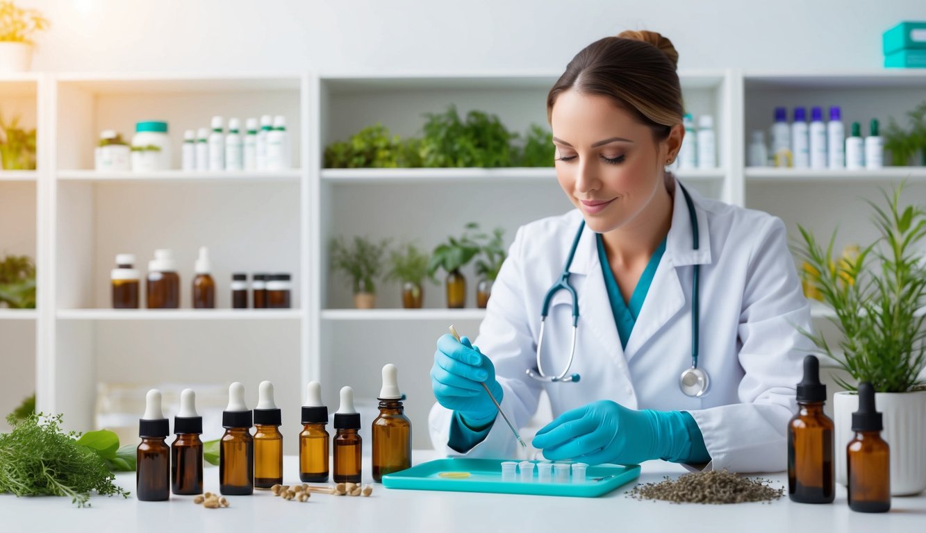 A homeopathic vet carefully selects and prepares natural remedies in their tranquil clinic, surrounded by shelves of herbs and vials of potent tinctures