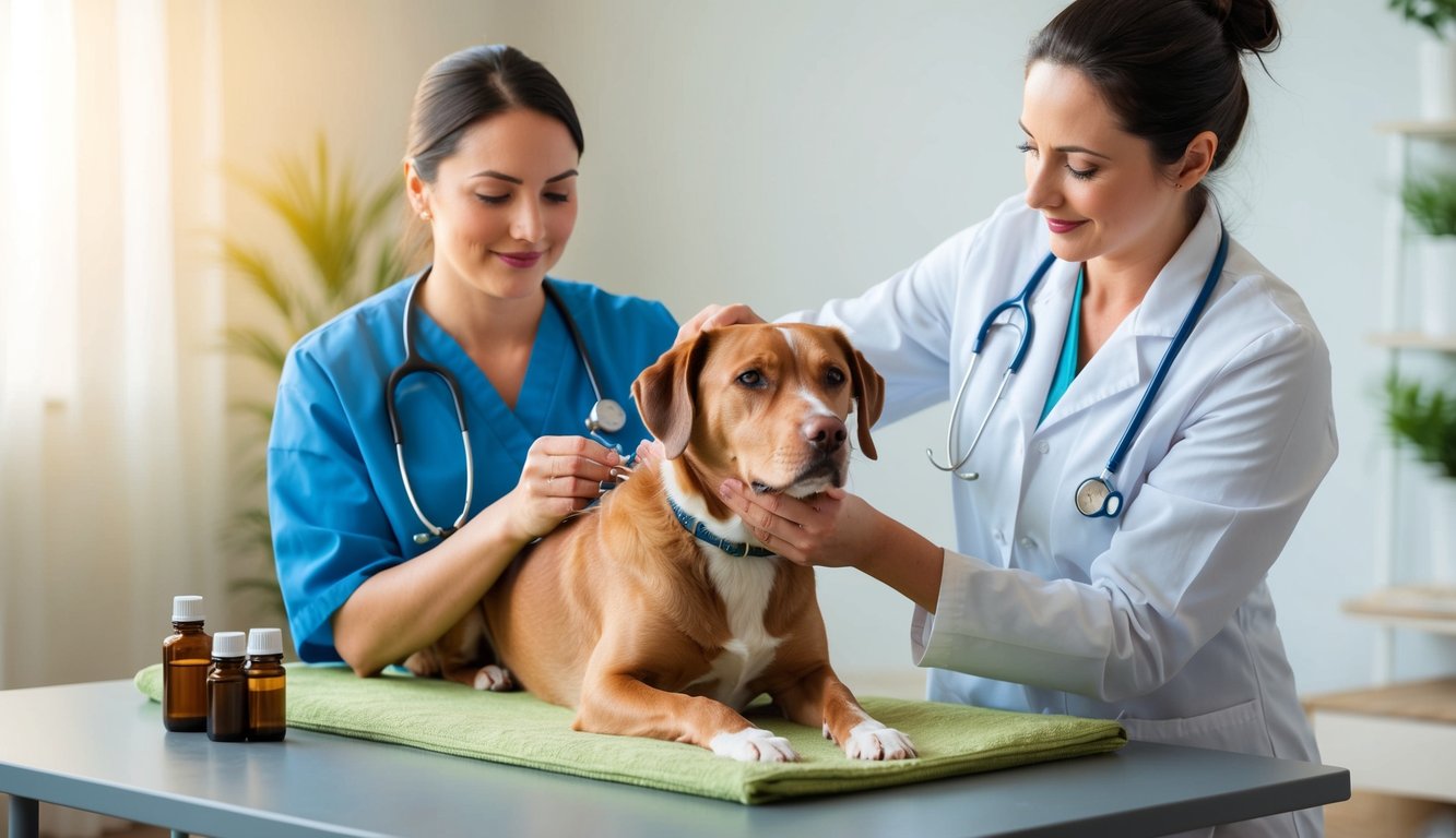 A serene, sunlit room with a vet using acupuncture on a relaxed dog, surrounded by calming essential oils and soothing music