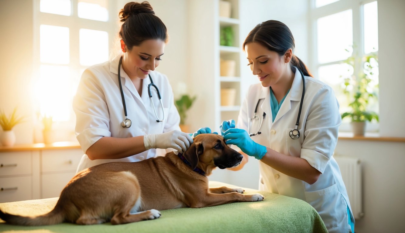 A serene, sunlit room with a vet administering homeopathic therapies to a relaxed animal patient. Peaceful atmosphere with soft music and calming scents