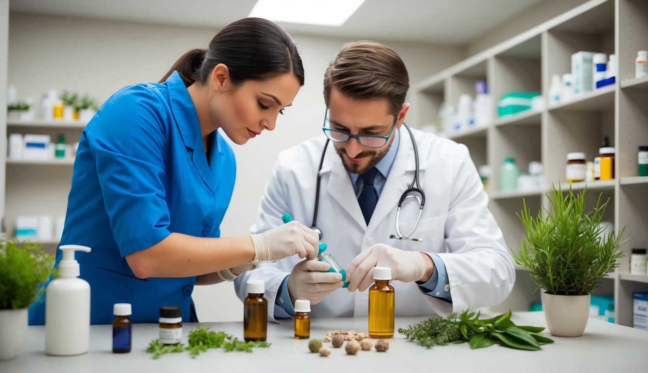 A homeopathic vet examining a variety of herbs and natural remedies in a well-lit, organized clinic