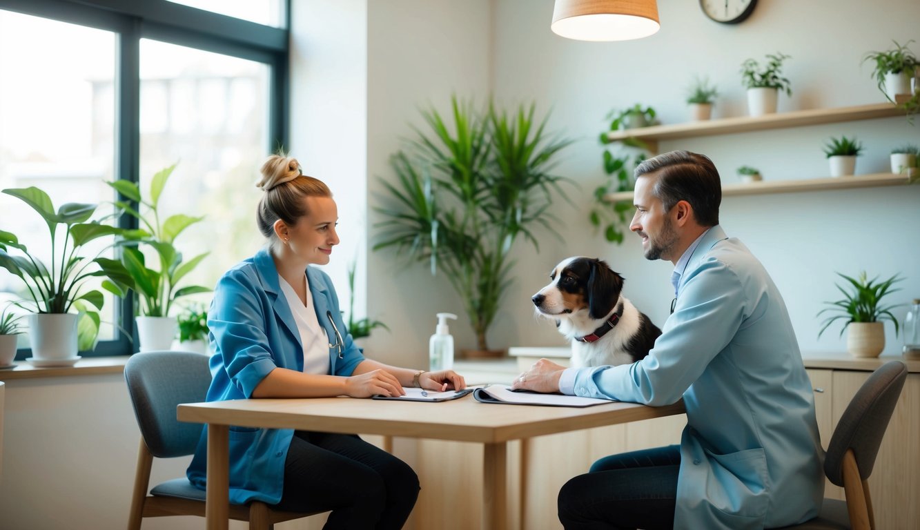 A cozy consultation room with natural light, plants, and calming decor. A vet and pet owner sit across from each other, discussing treatment options