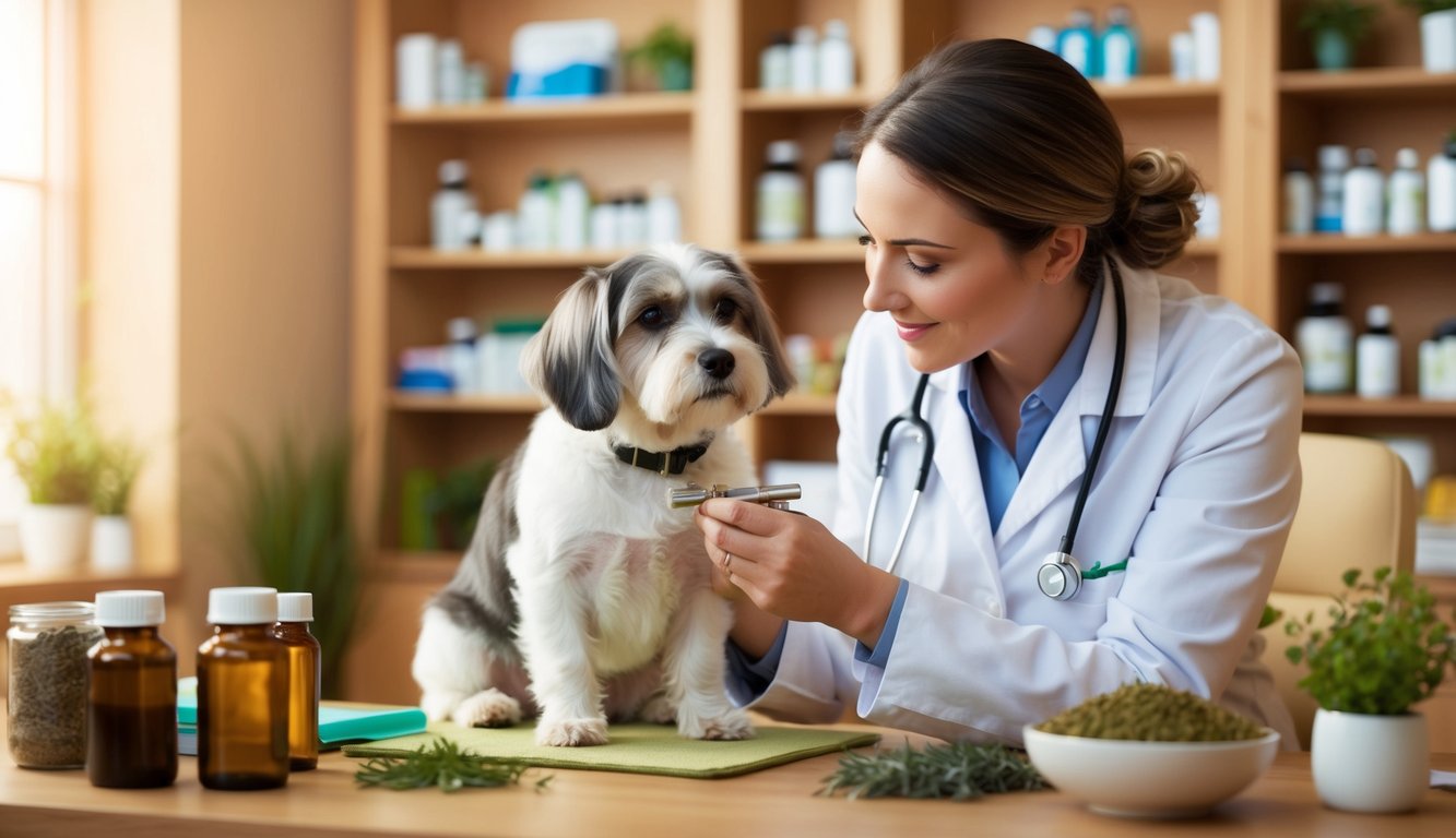 A homeopathic vet examining a pet with a holistic approach, surrounded by natural remedies and herbs in a warm, cozy office