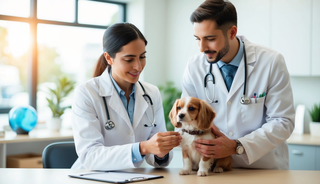A homeopathic vet consulting with a client and examining a pet in a clinic setting