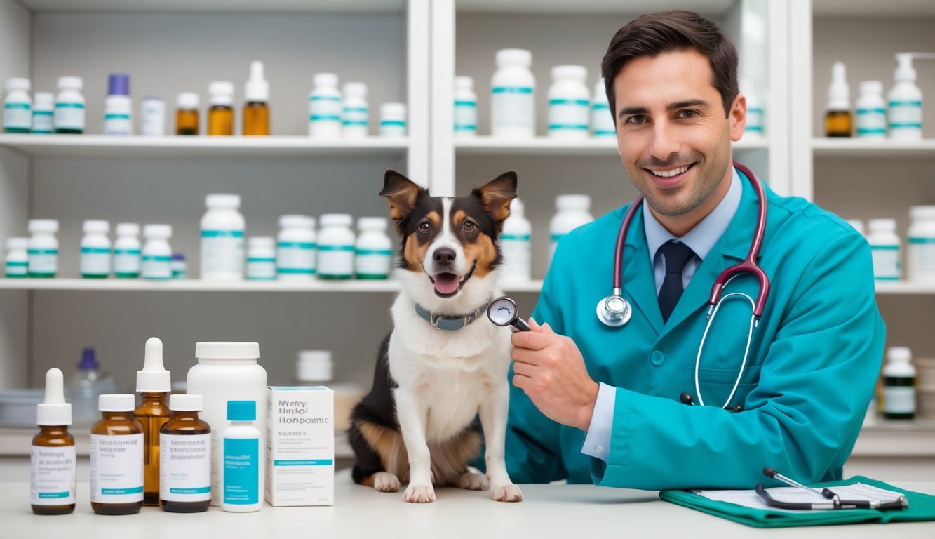 A vet holding a stethoscope, surrounded by shelves of homeopathic remedies, with a friendly dog or cat waiting to be examined