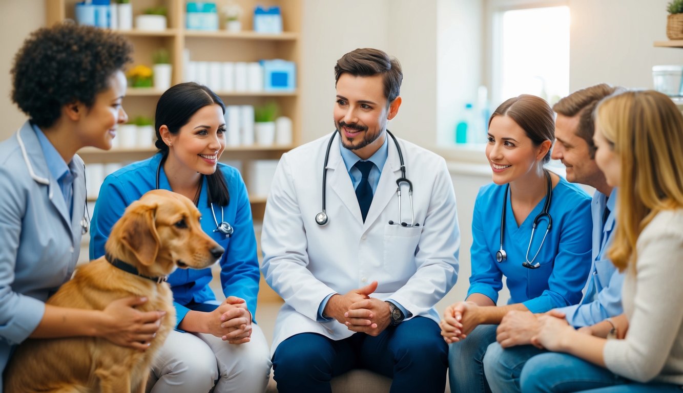 A group of homeopathic vets surrounded by curious pet owners, discussing frequently asked questions in a cozy clinic setting