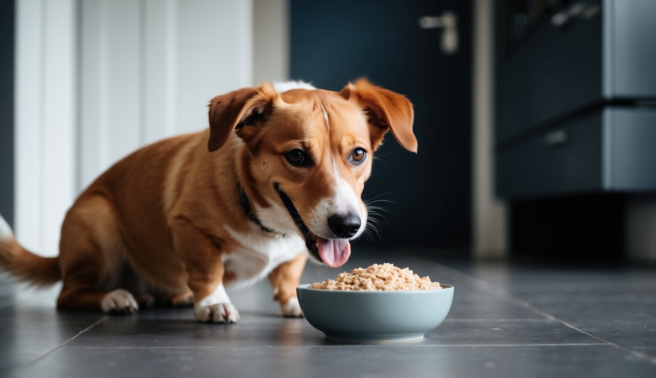 A happy dog with a wagging tail eagerly eating a bowl of porridge from a food dish on the floor