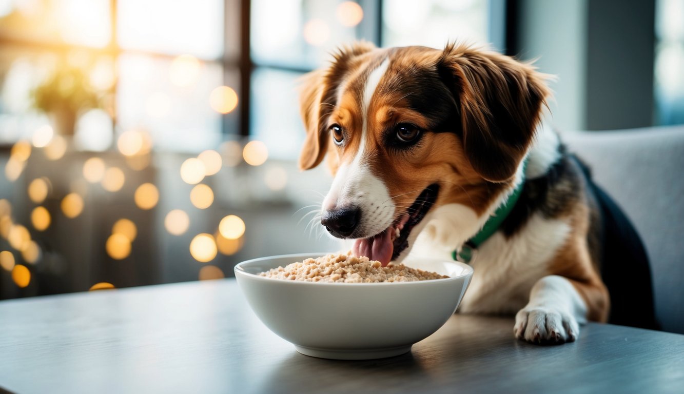 A dog happily eating a bowl of porridge