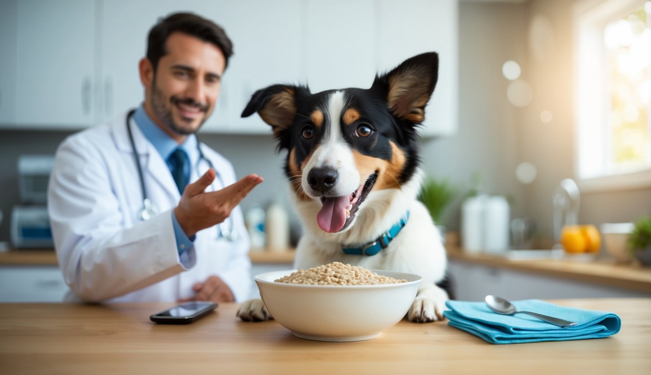 A happy dog eagerly eating a bowl of porridge, with a veterinarian nodding in approval in the background