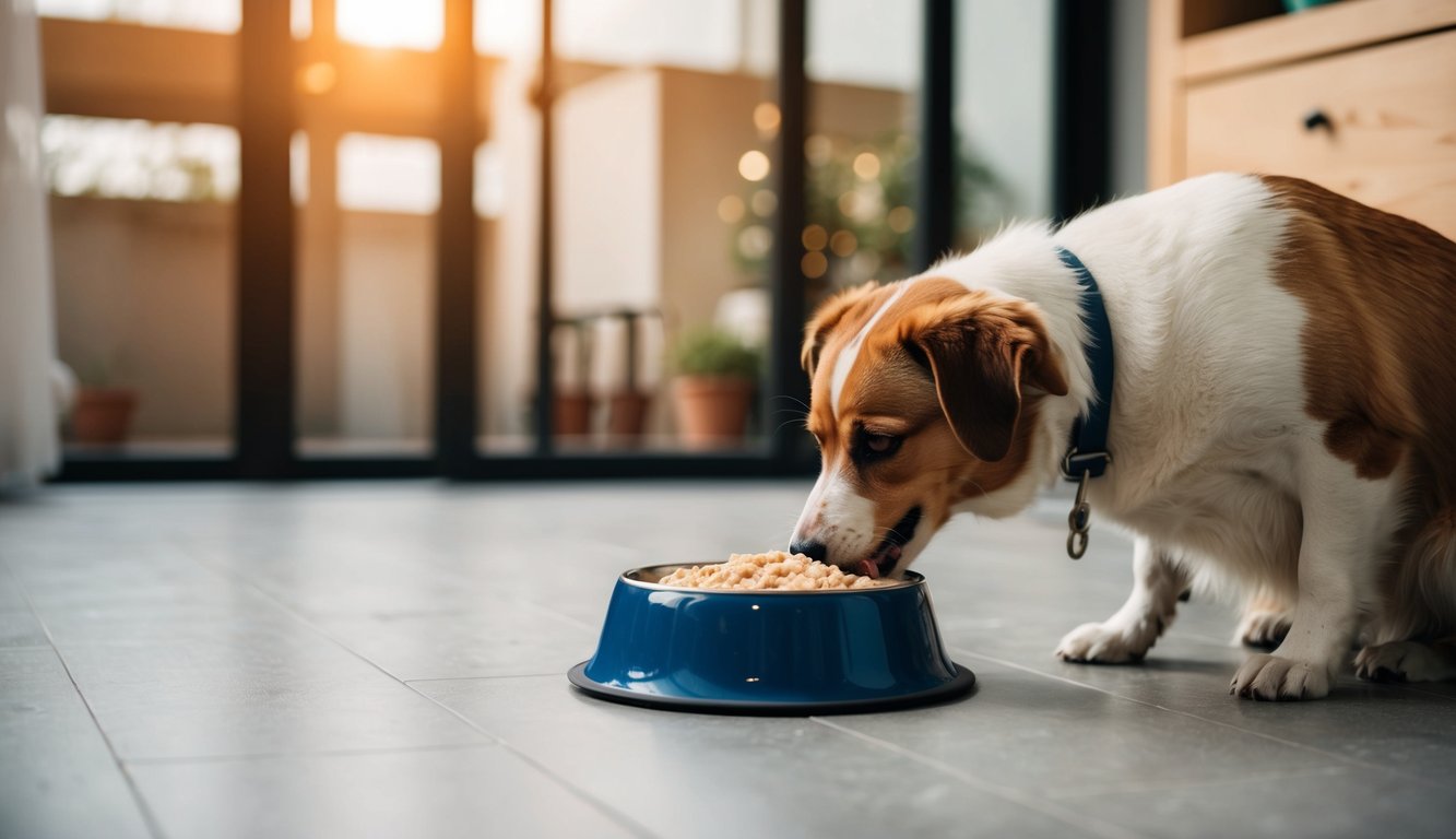 A dog eating porridge from a pet-safe bowl on the floor