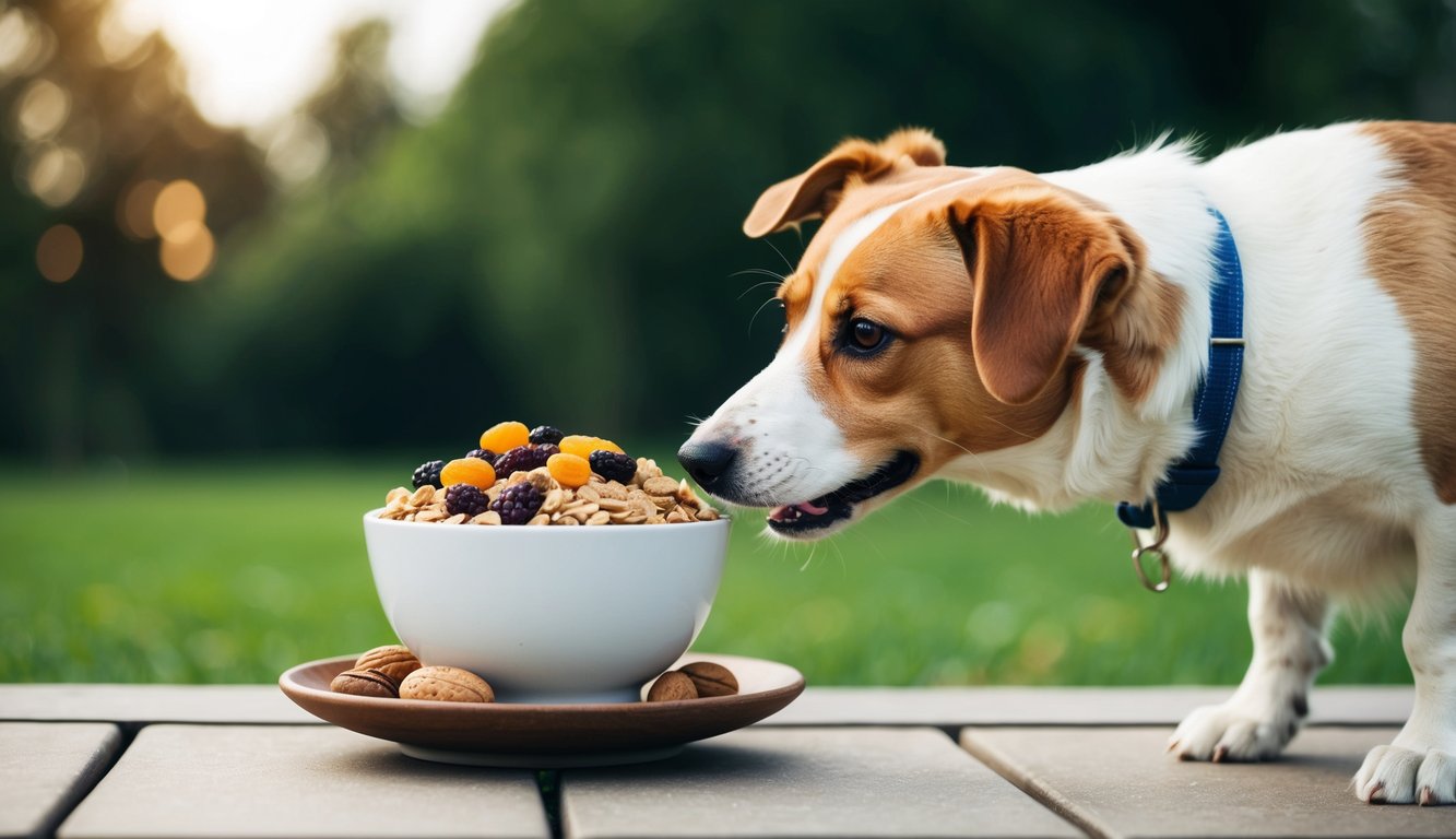 A dog turning away from a bowl of porridge filled with raisins, chocolate, and nuts