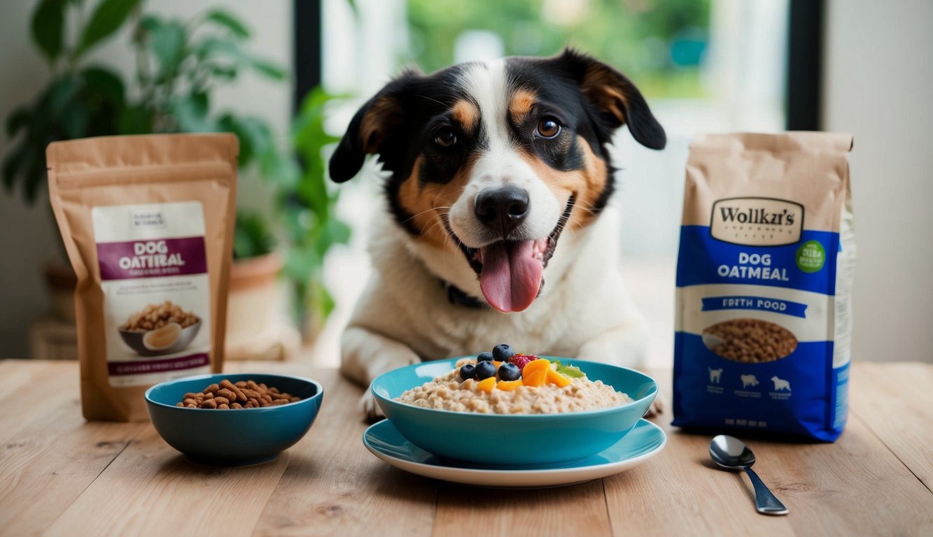 A dog happily eating a bowl of oatmeal with various dog-friendly toppings, while a bag of dog food and a bowl of fresh water sit nearby