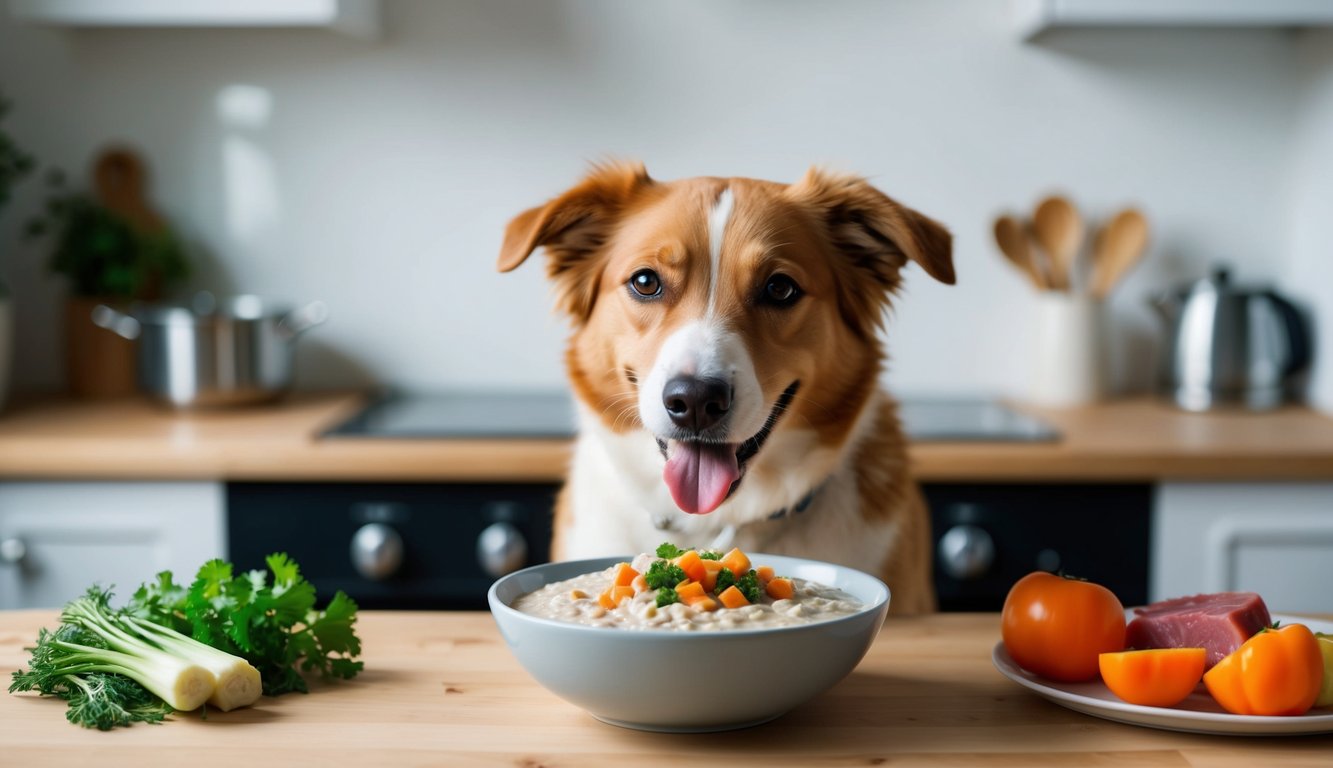 A happy dog eating porridge with safe toppings and add-ins, such as cooked vegetables and lean meat, in a clean and cozy kitchen setting