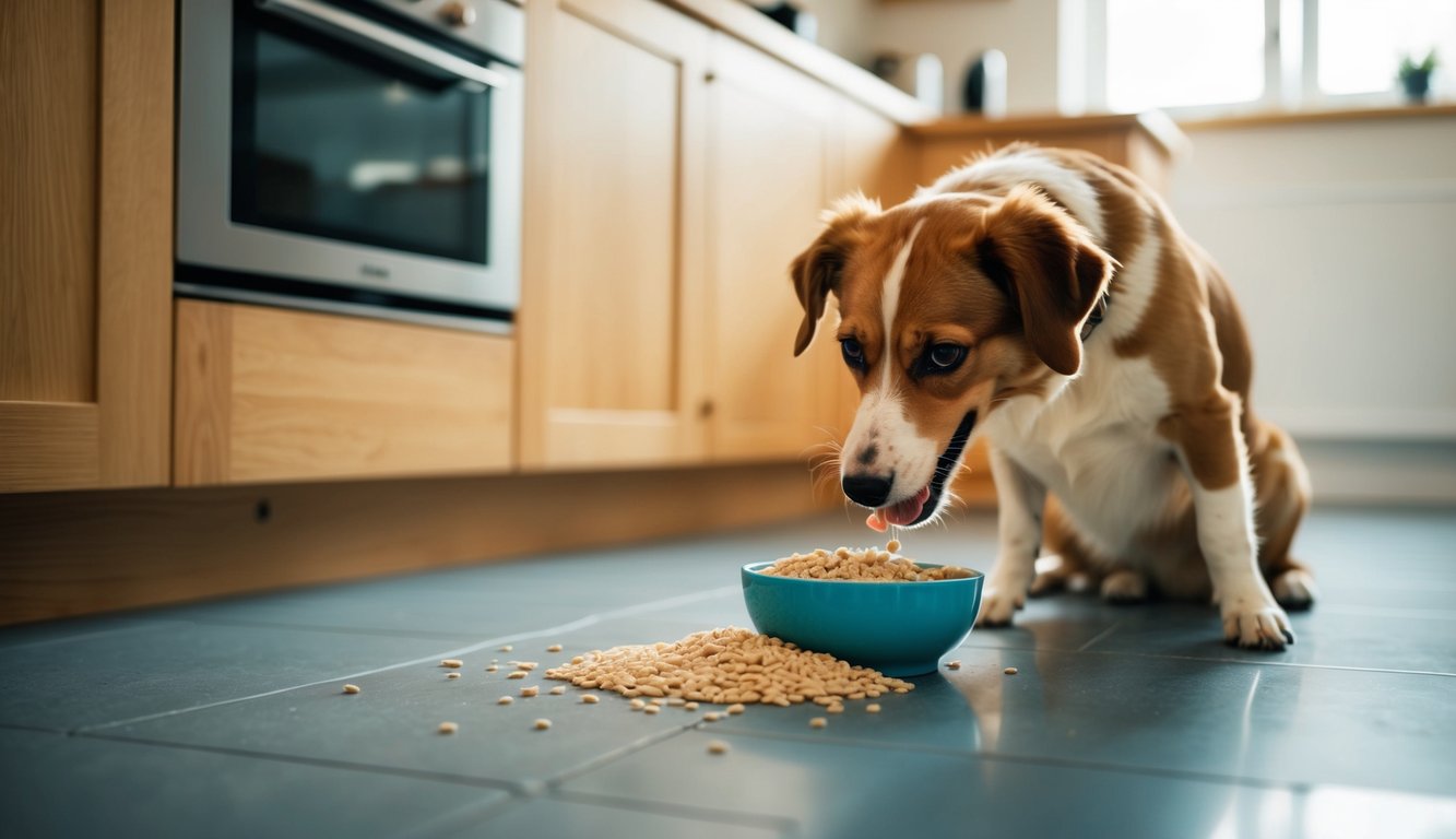 A dog eagerly eating from a spilled bowl of porridge on the kitchen floor