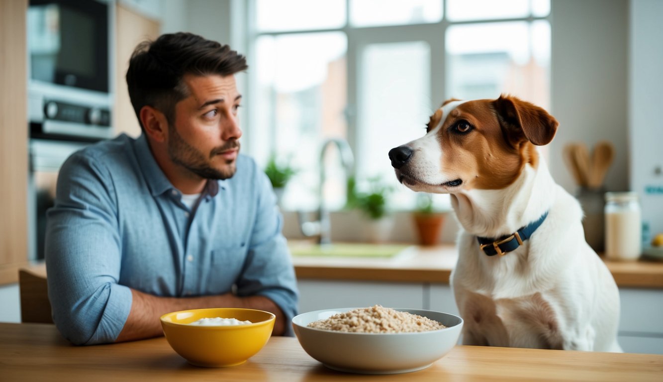 A dog sitting by a bowl of porridge, looking up at a concerned owner