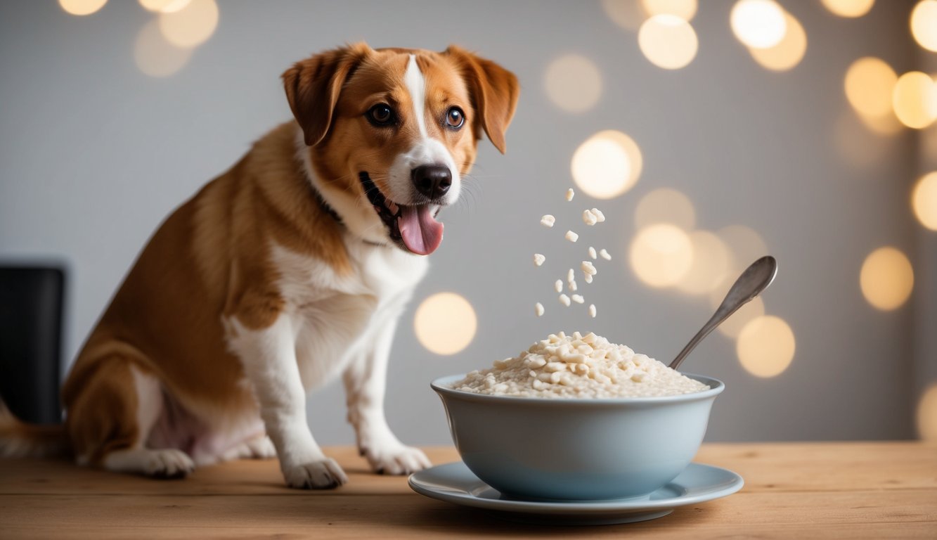 A dog eagerly sitting by a bowl of porridge, with a curious expression and wagging tail