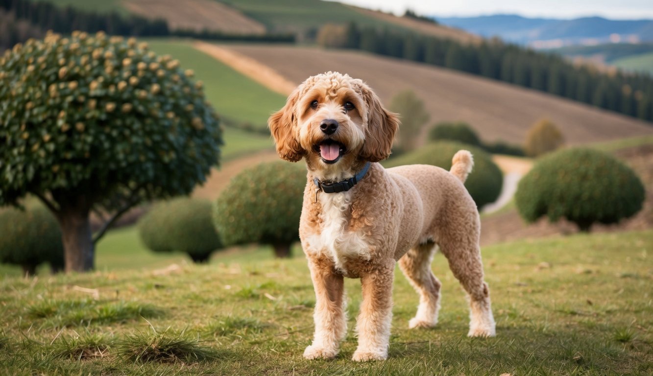 A Lagotto Romagnolo dog stands in a rustic Italian countryside, surrounded by truffle trees and rolling hills. The dog's curly coat and eager expression convey its working heritage