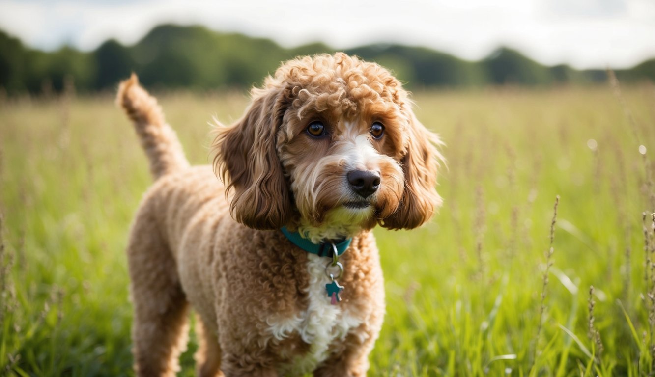 A Lagotto Romagnolo stands in a field, its curly coat glistening in the sunlight. Its large, expressive eyes and distinctively shaped head make it easily recognizable