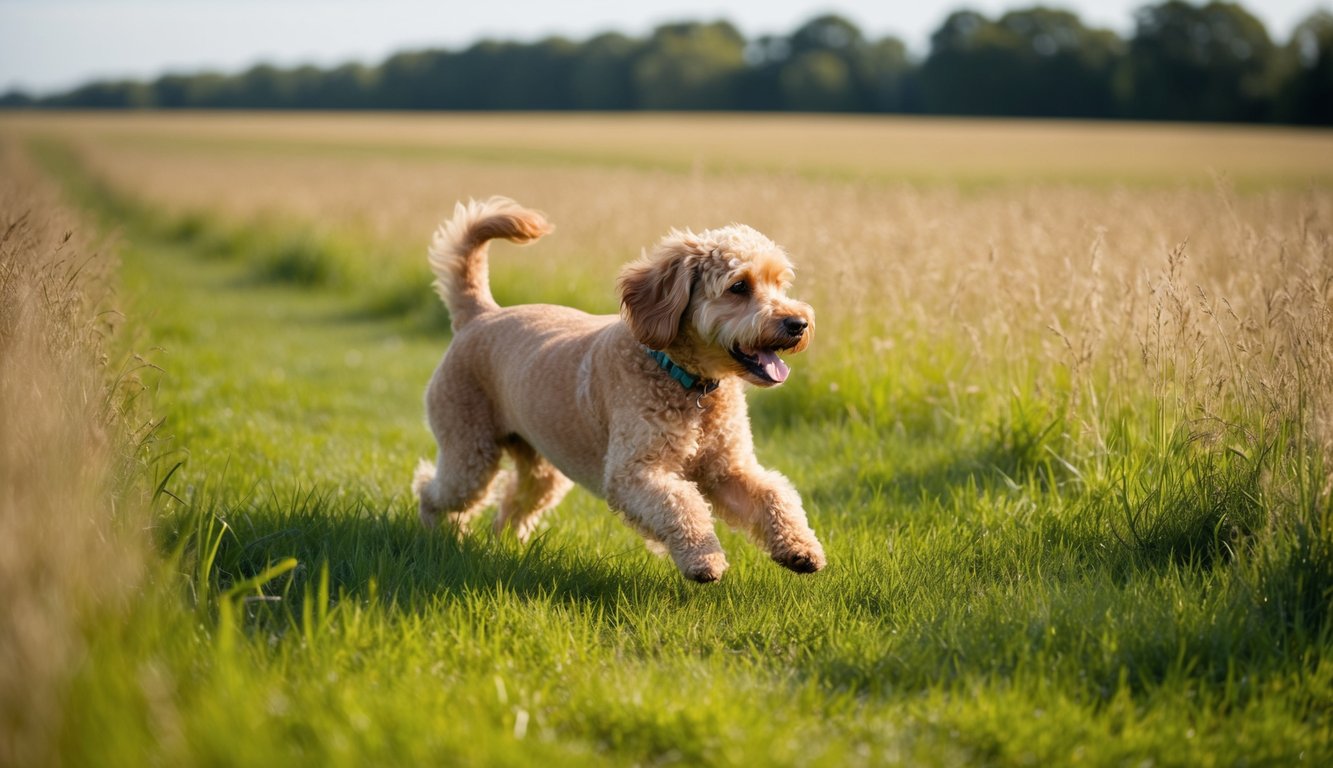 A Lagotto Romagnolo dog frolics through a field of tall grass, its curly coat catching the sunlight as it playfully bounds towards a distant tree line