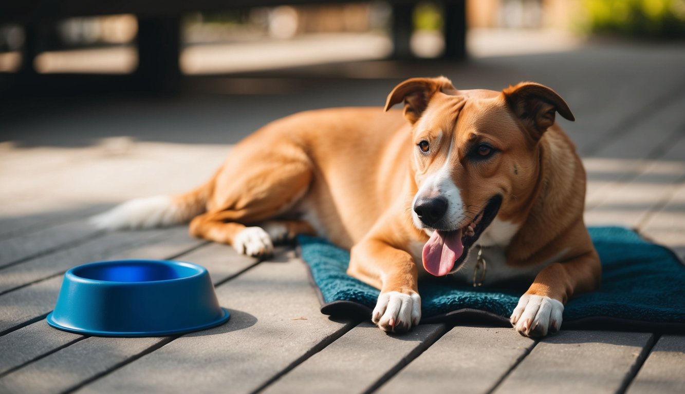 A panting dog laying in the shade with a water bowl nearby