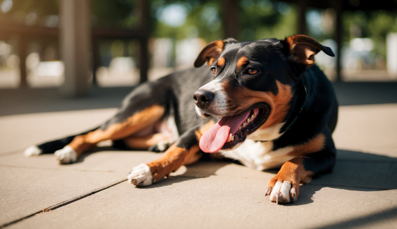A panting dog lying in the shade with a red tongue and glazed eyes, surrounded by signs of heat exhaustion like drooling and weakness