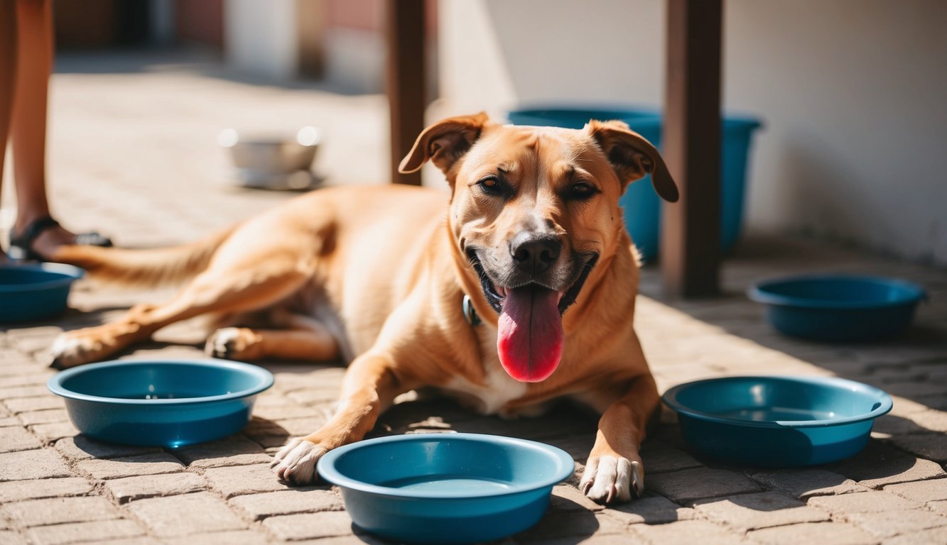 A panting dog lying in the shade with a red, swollen tongue and glazed eyes, surrounded by empty water bowls and a sunny, overheated environment