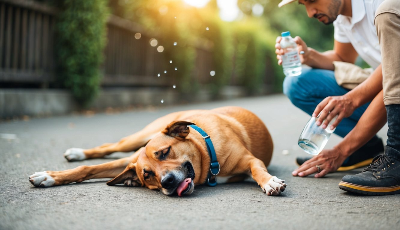 A dog lying on the ground, panting heavily with a red tongue and glazed eyes, while a concerned owner offers water and provides shade