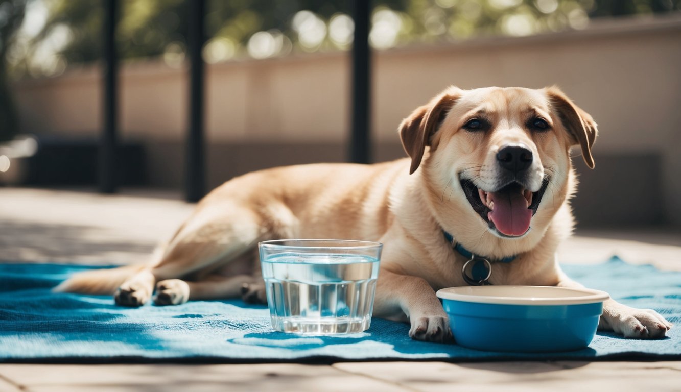 A dog lying in the shade with a bowl of water nearby, panting heavily on a hot day