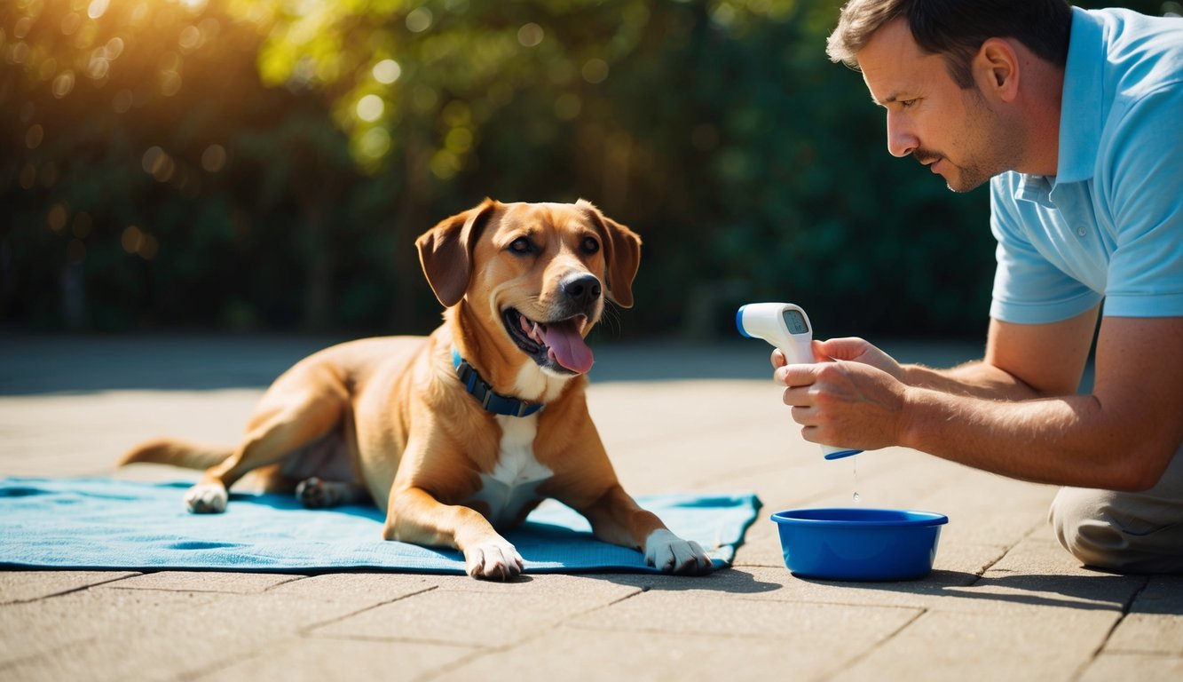 A dog lying panting in the shade, with a water bowl nearby and a concerned owner checking its temperature