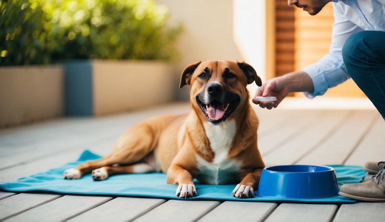 A panting dog lying in the shade, with a water bowl nearby and a concerned owner checking its temperature