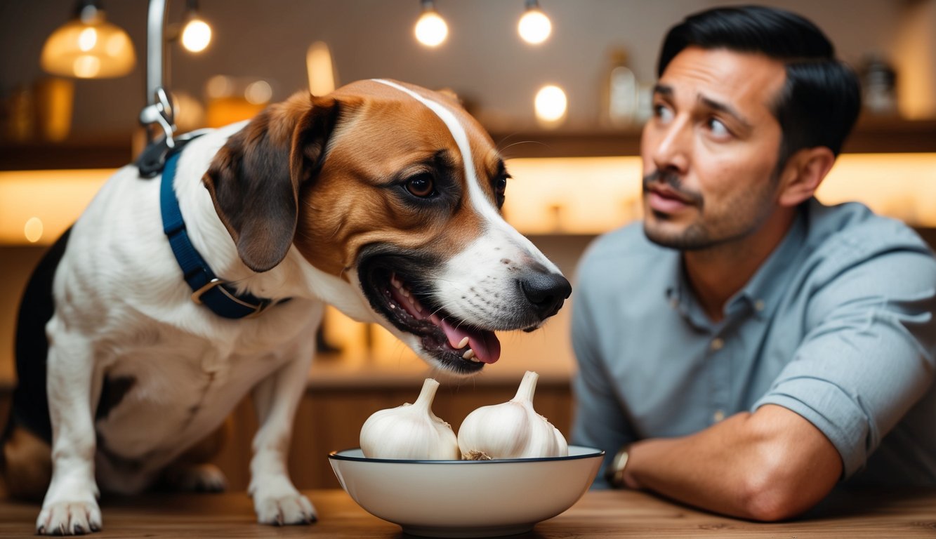 A happy dog sniffing a bowl of garlic with a concerned owner looking on