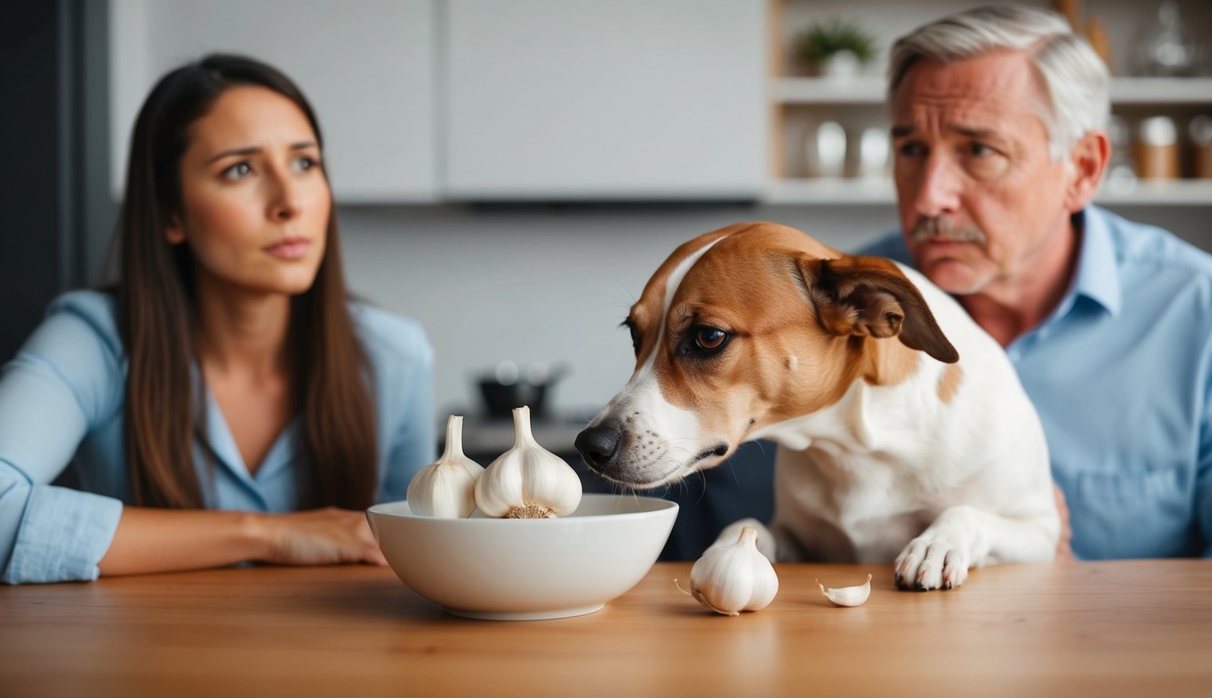 A dog sniffing a bowl of garlic while a concerned owner looks on