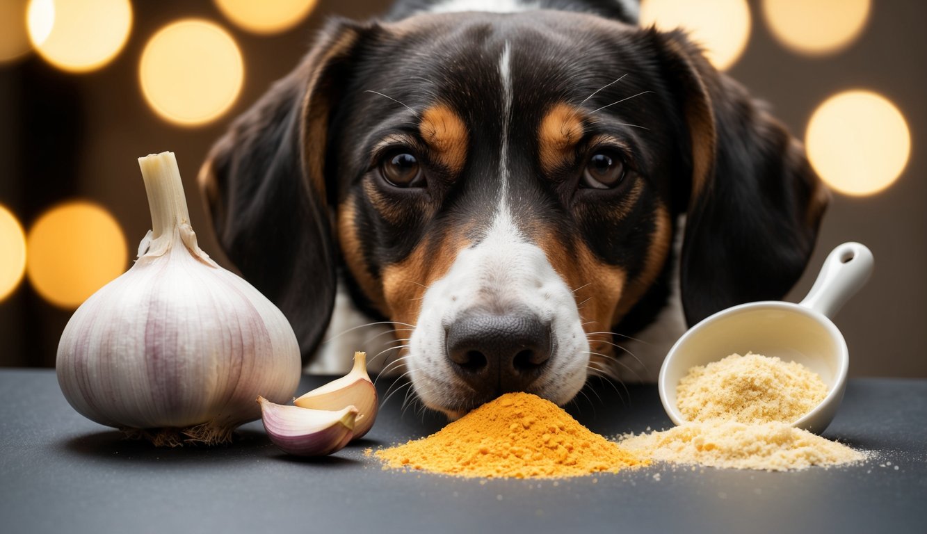 A dog sniffs three forms of garlic: fresh cloves, garlic powder, and cooked garlic