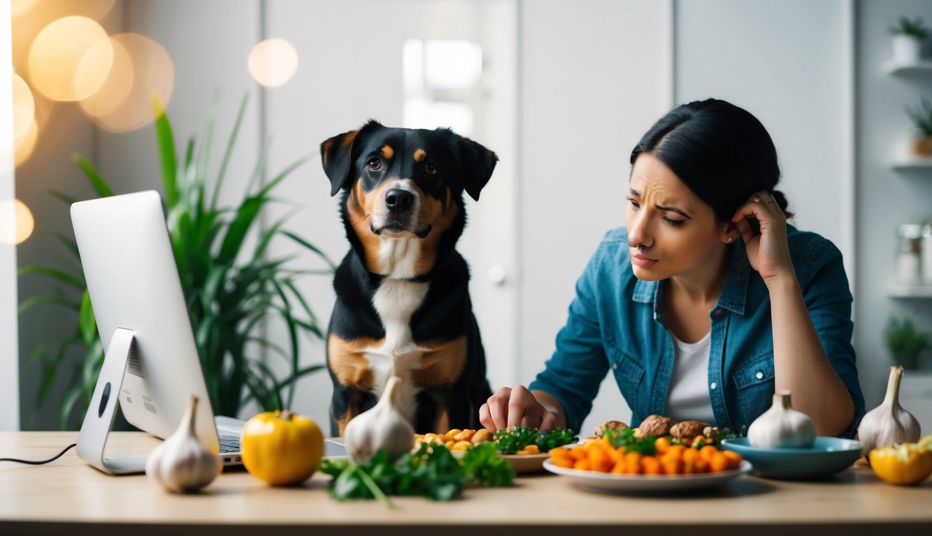 A dog surrounded by various foods, including garlic, with a concerned owner looking up information on a computer