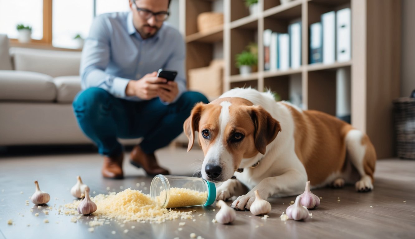 A dog surrounded by a spilled container of garlic with a concerned owner looking up information on a phone