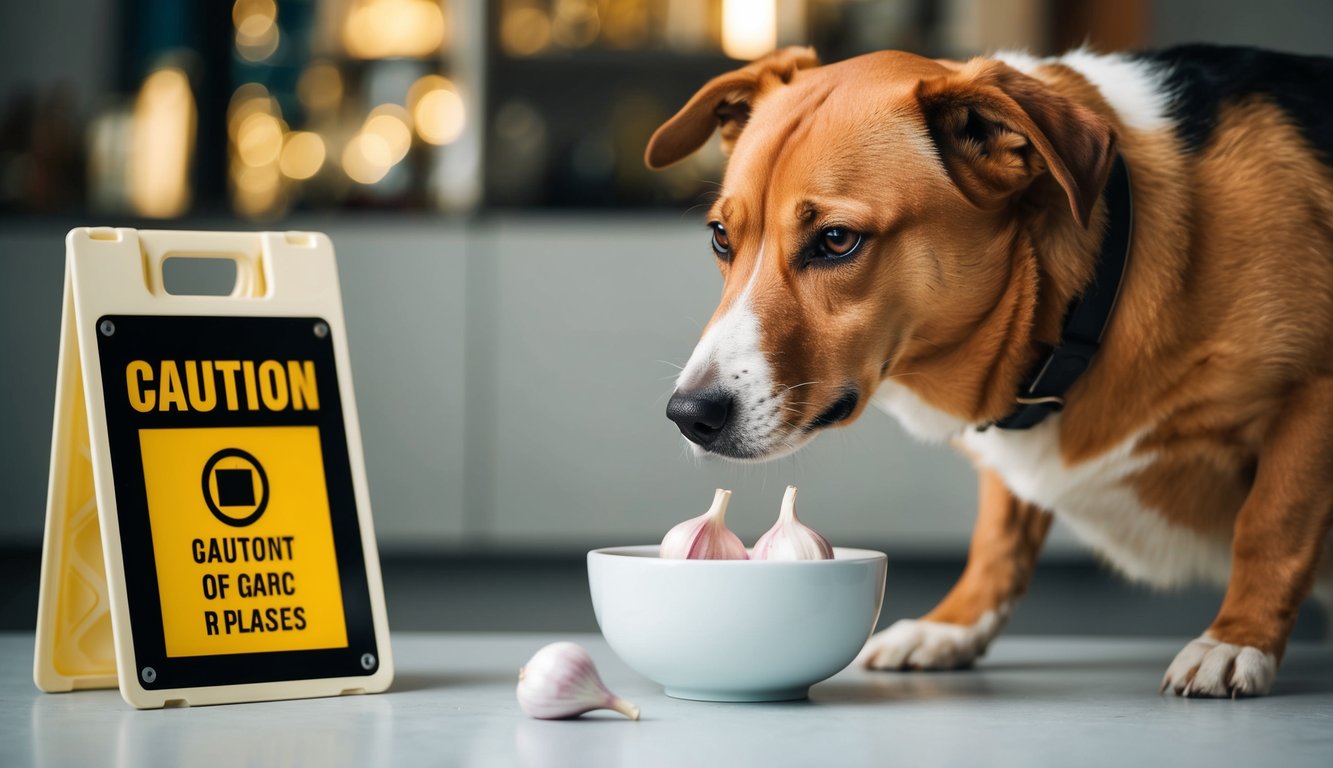 A dog staring at a bowl of garlic cloves with a cautionary sign nearby