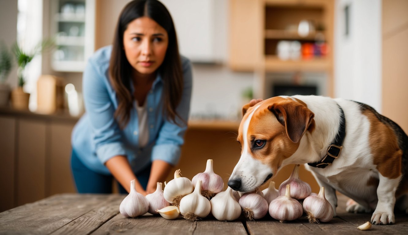 A curious dog sniffs a pile of garlic bulbs while a concerned owner looks on