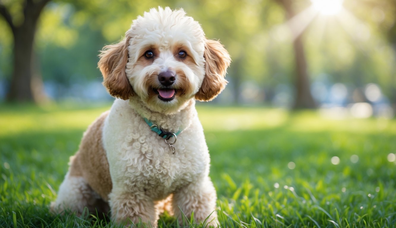 A Poodle cross dog with a curly coat sitting on green grass in a sunny park, looking towards the camera.