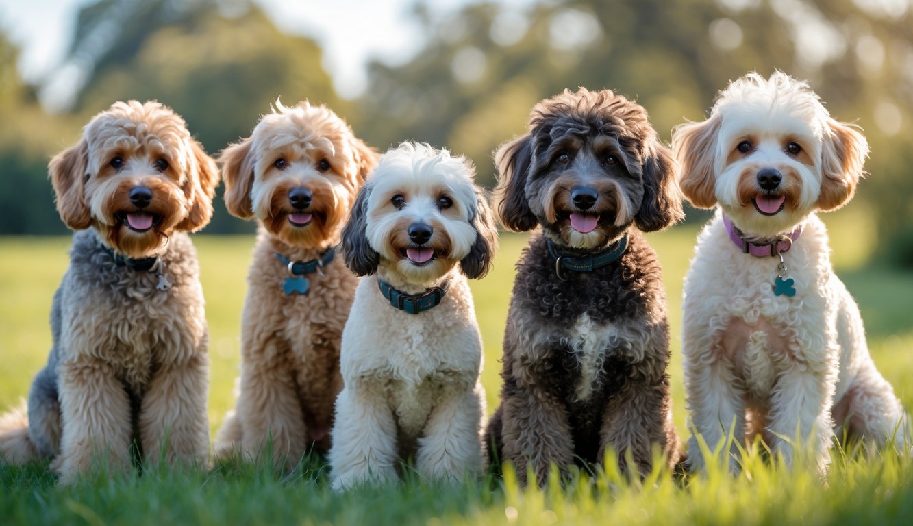 Several poodle crossbreed dogs with curly coats sitting and standing on green grass outdoors with trees and blue sky in the background.